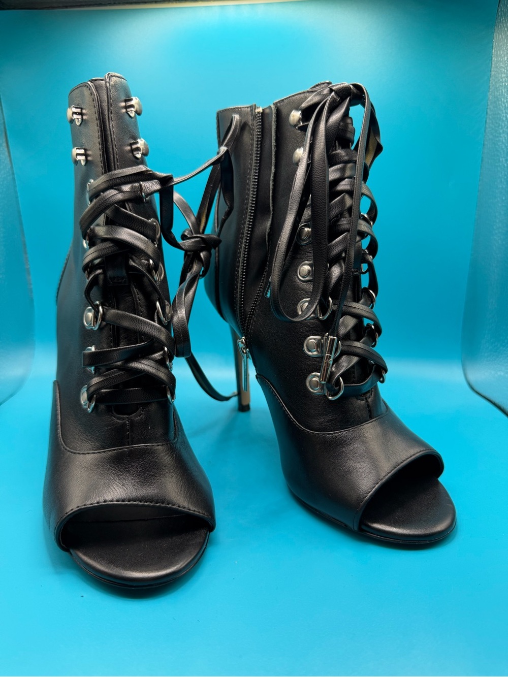 Charles David Black Lace-Up Peep-Toe Stiletto Booties